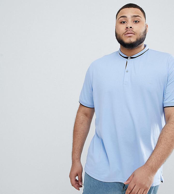 Badrhino Plus Grandad Collar Polo Shirt In Pique In Blue - Blue