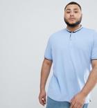 Badrhino Plus Grandad Collar Polo Shirt In Pique In Blue - Blue