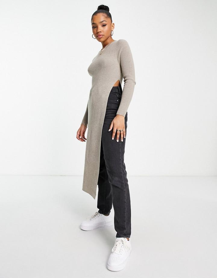 Urban Revivo Knit Longline Top In Taupe-neutral