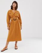 Asos Design Midi Shirt Dress In Texture With Tortoiseshell Buckle - Yellow
