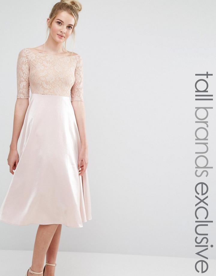 True Decadence Tall Lace Bardot Midi Prom Dress - Beige