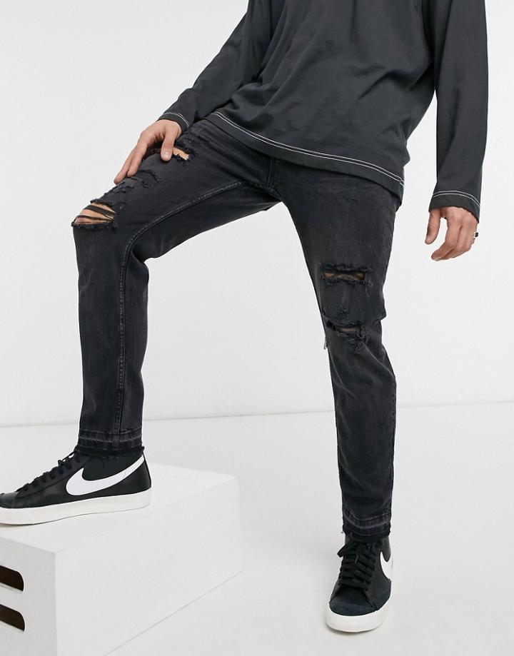 Bershka Skinny Fit Jeans With Rips In Washed Black
