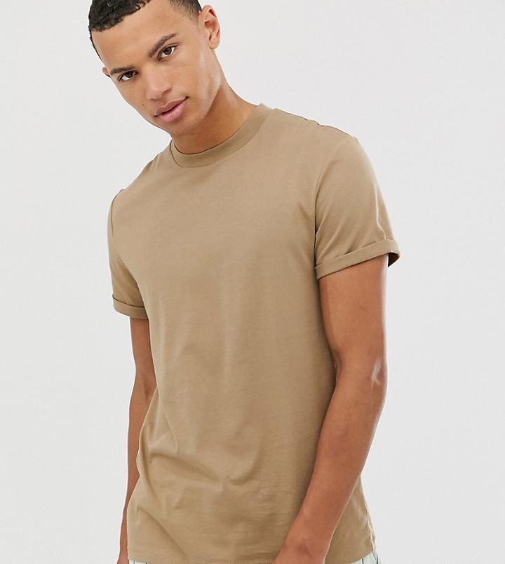 Asos Design Tall T-shirt With Crew Neck And Roll Sleeve In Beige - Beige