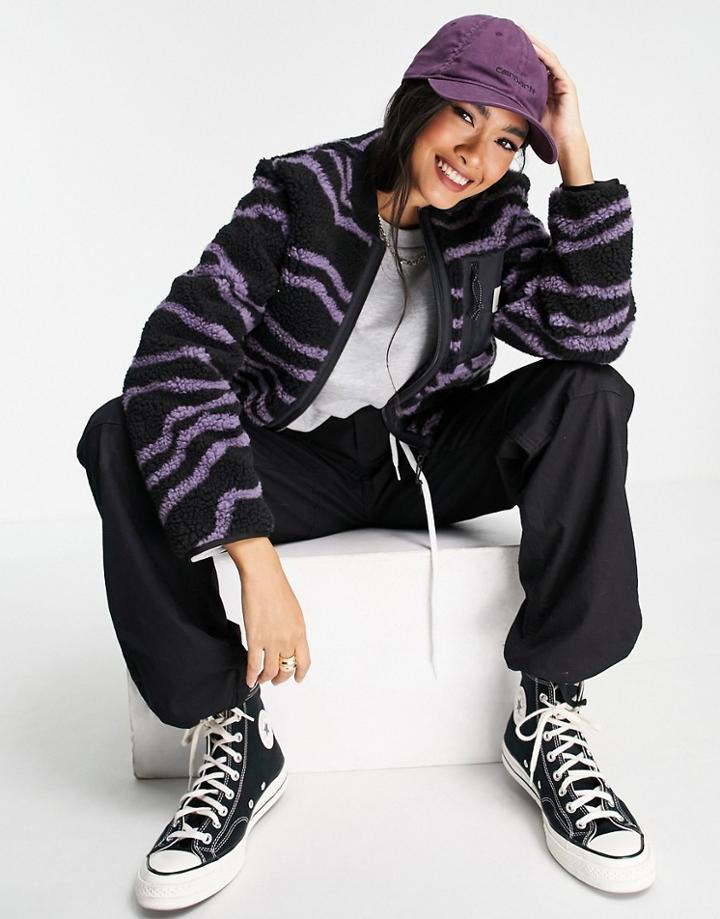 Carhartt Wip Zip Front Fleece Jacket In Wave Print With Contrast Pocket-multi