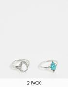 Asos Design Curve Pack Of 2 Rings With Semi-precious Style Stones And Engraved Detail In Silver Tone - Silver
