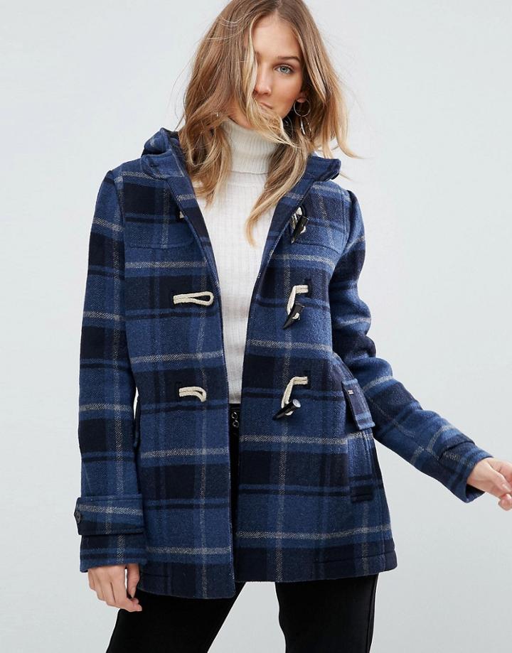 Pepe Jeans Pearl Check Wool Blend Duffle Coat - Navy