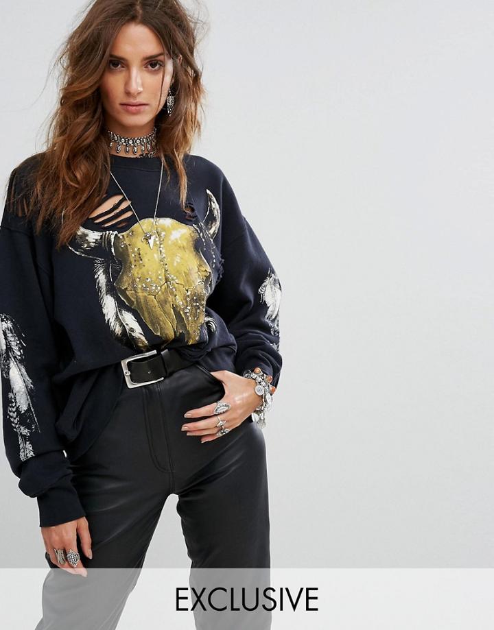Sacred Hawk Oversized Sweatshirt With Ram Skull Print And Sequin Detail - Black