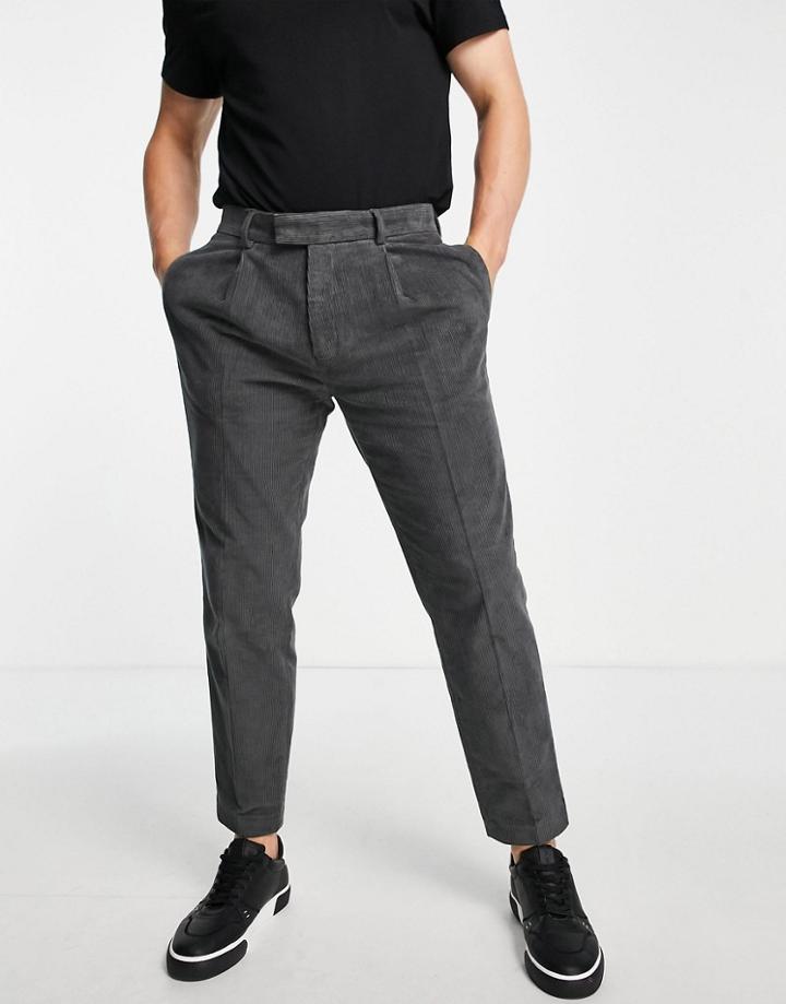 Topman Tapered Corduroy Pants In Charcoal-grey