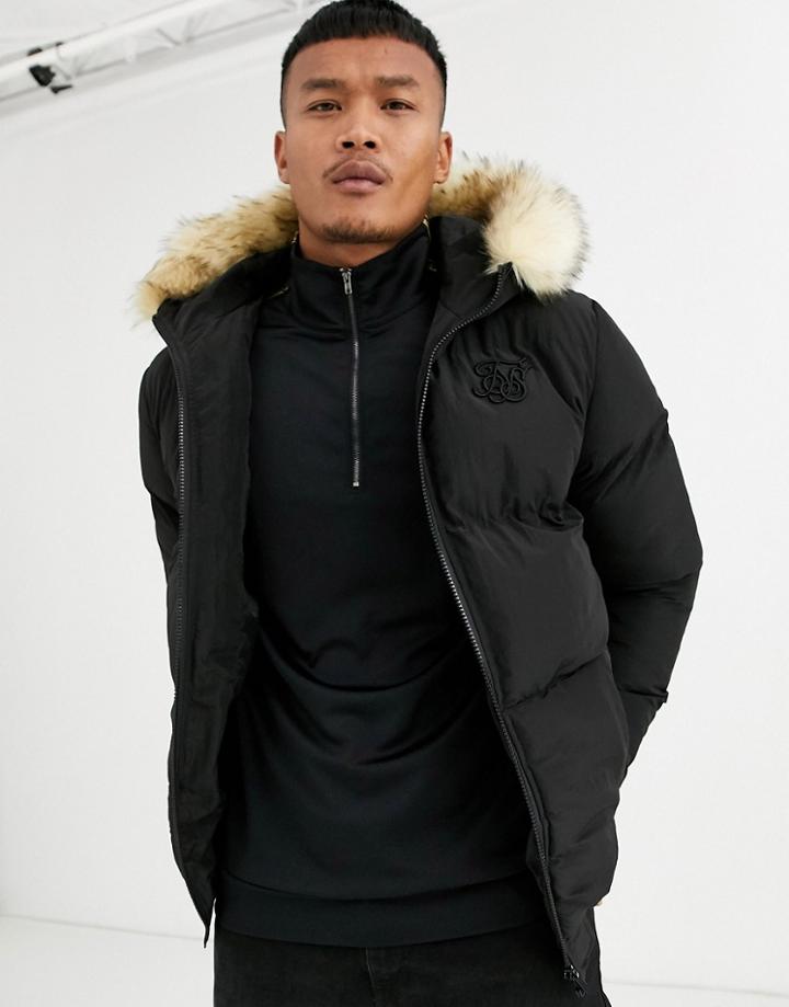 Siksilk Puffer Jacket In Black With Faux Fur Hood