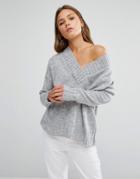 New Look Knitted Oversized V Neck Sweater - Gray