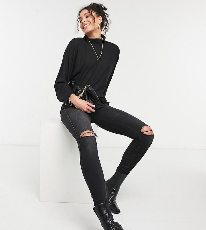 Asos Design Tall Oversized Top In Drapey Rib With Structured High Neck In Black