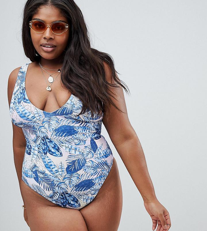 Asos Design Curve Plunge Swimsuit In Ombre Leaf Print - Multi