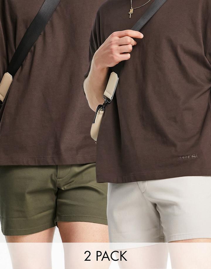 Asos Design 2 Pack Skinny Chino Shorts In Light Gray And Khaki Save-multi