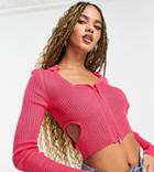 Asyou Knitted Cut Out Polo Cardigan In Pink