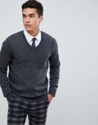 Asos Design Lambswool V-neck Sweater In Charcoal-gray