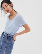 Mango V Neck T Shirt In Baby Blue - Blue