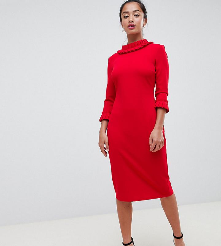 City Goddess Petite 3/4 Sleeve Pencil Midi Dress With Pleated Detail - Red