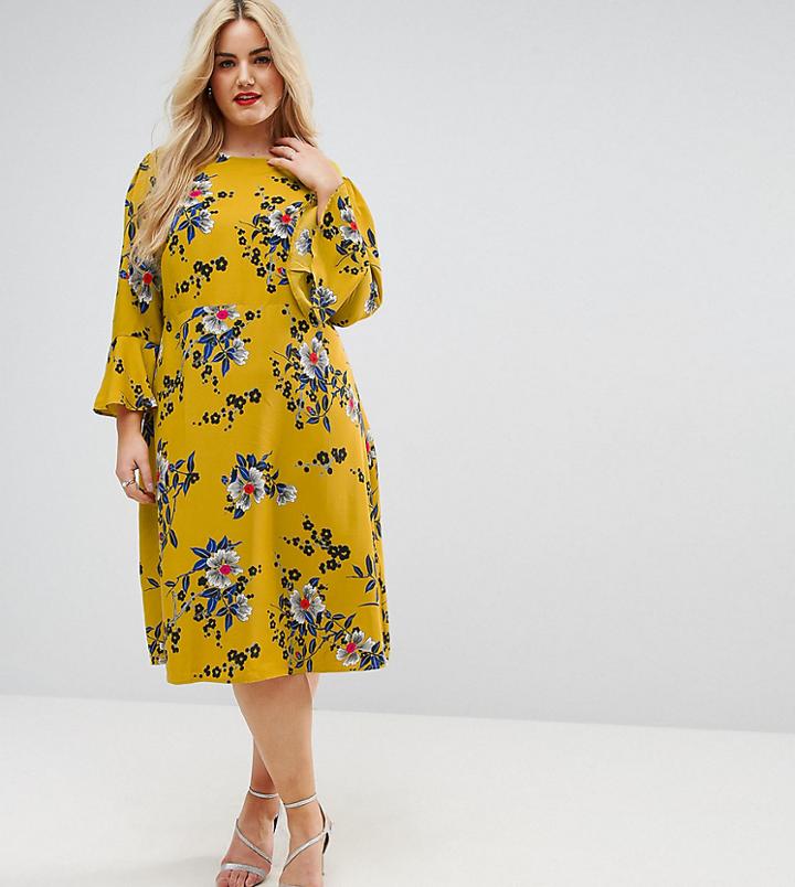 Asos Curve Printed Midi Column Dress With Fluted Sleeve In Dark Floral Print - Multi