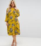 Asos Curve Printed Midi Column Dress With Fluted Sleeve In Dark Floral Print - Multi