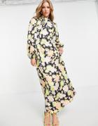 Asos Design Wrap Front Satin Maxi Tea Dress In Bright 70s Floral-multi