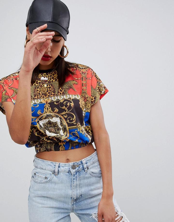 Asos Design T-shirt With Elasticated Hem In Animal Scarf Print - Multi