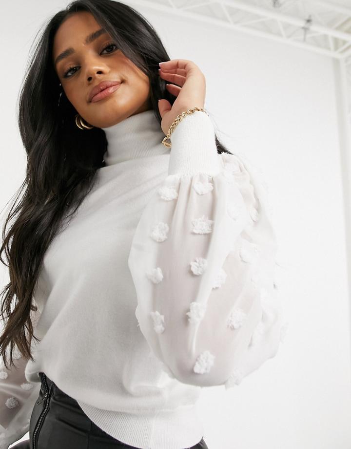 Influence High Neck Sweater With Textured Sleeves In Ivory-white