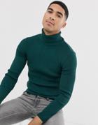 Asos Design Muscle Fit Ribbed Roll Neck Sweater In Teal-green