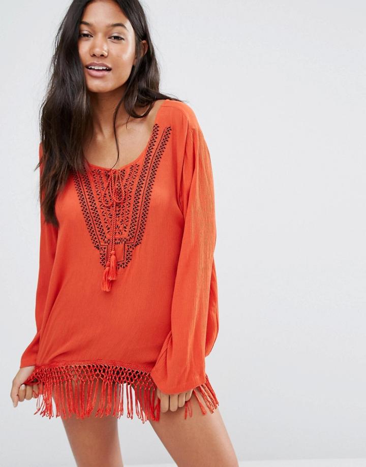 Anmol Long Sleeve Beach Top With Fringe - Burnt Orange