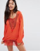 Anmol Long Sleeve Beach Top With Fringe - Burnt Orange