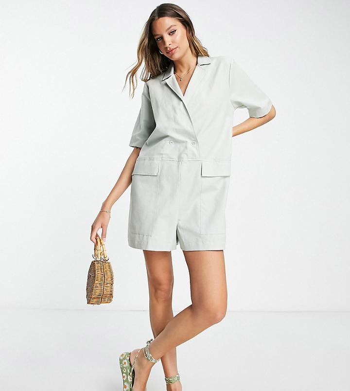 Asos Design Tall Oversized Double Breasted Romper In Sage-green