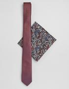 Asos Design Slim Textured Wedding Tie In Rust With Floral Pocket Square - Multi