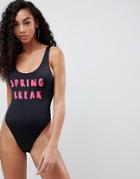 Asos Spring Break Slogan Print Swimsuit - Black