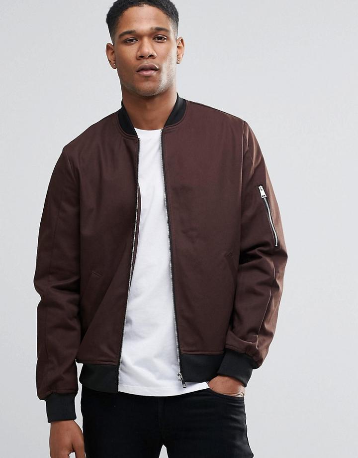 Asos Bomber Jacket With Sleeve Zip In Dark Brown - Dark Brown