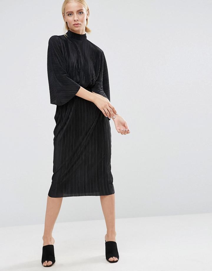 Asos Plisse Dress With High Neck - Black