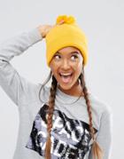 Asos Short Turn Up Beanie With Pom In Yellow - Yellow