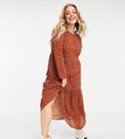 Asos Design Curve Long Sleeve Tiered Smock Midi Dress In Rust Polka Dot-multi