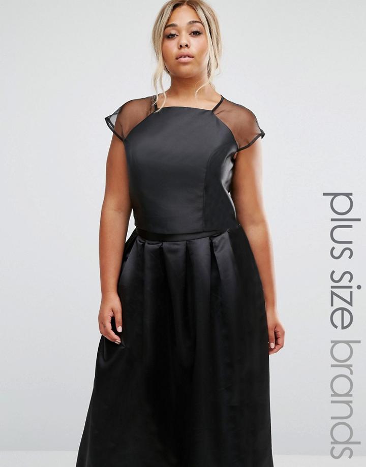 Chi Chi London Plus Sateen Top With Sheer Sleeves - Black