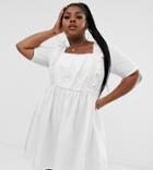 Asos Design Curve Denim Smock Dress With Frill In White - White