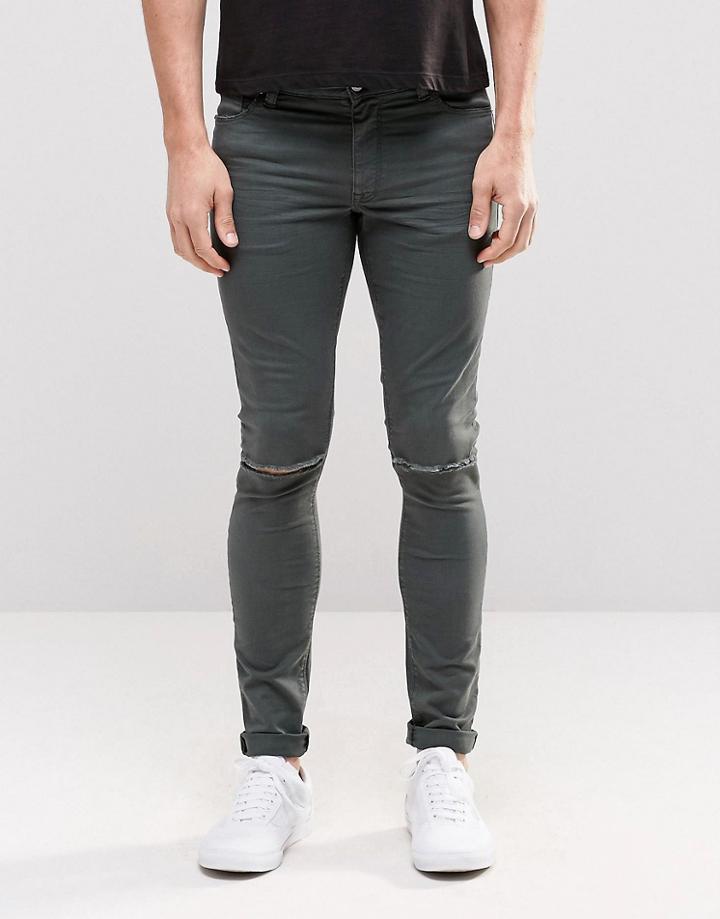 Asos Extreme Super Skinny Jeans With Knee Rips In Green - Rosin