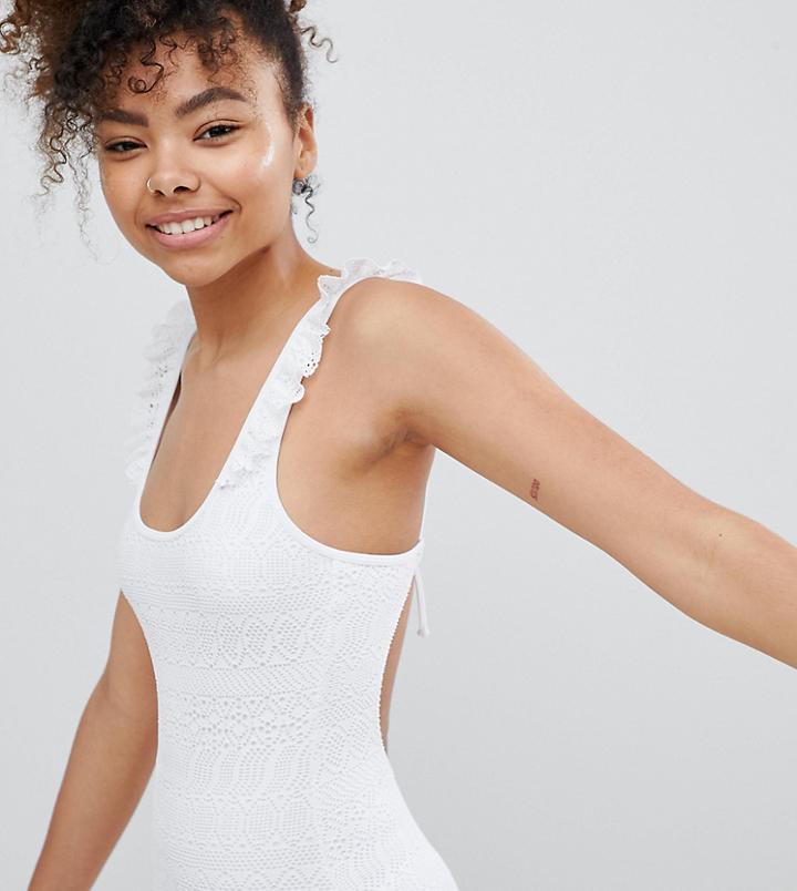 Monki Crochet Low Back Swimsuit-white