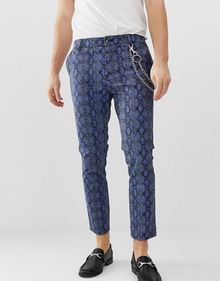 Asos Design Skinny Cropped Pants In Snake Print - Blue