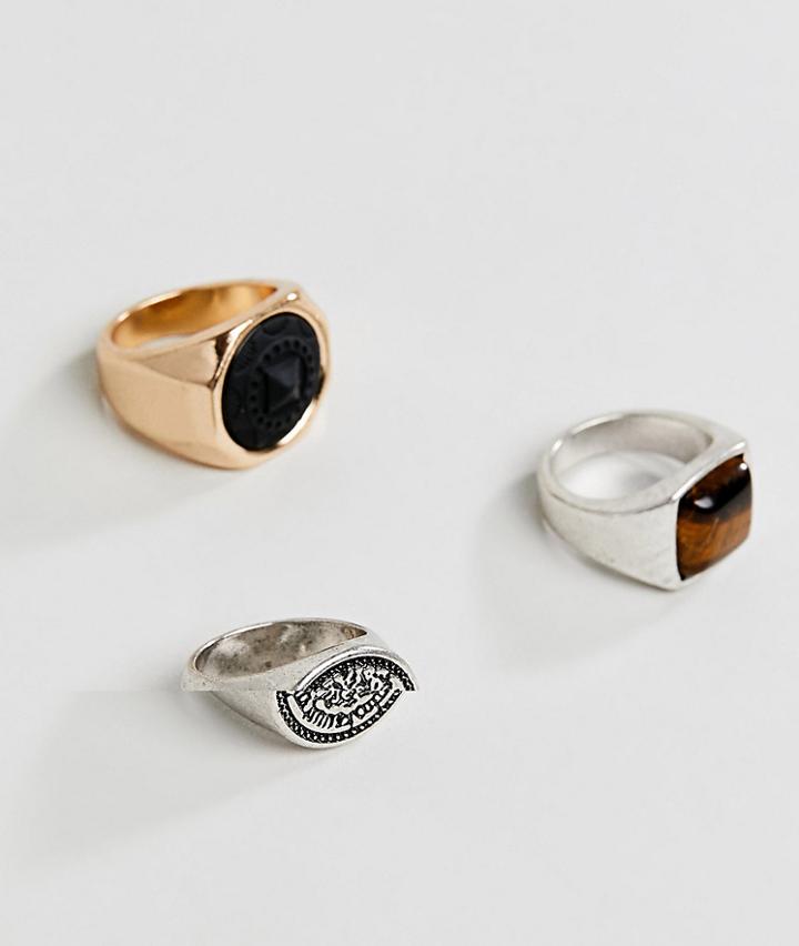 Bershka Signet Ring 3 Pack In Gold And Silver - Silver