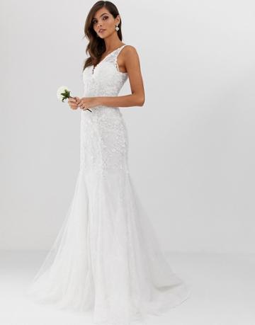 Asos Edition Embroidered Mesh Over Lace Fishtail Wedding Dress-white