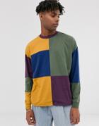Asos Design Oversized Long Sleeve T-shirt With Patchwork Color Block - Multi