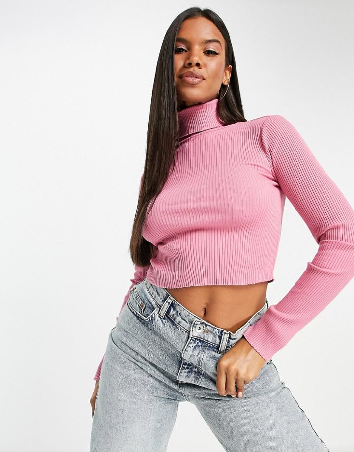 Asos Design Roll Neck Crop Top In Rib In Pink