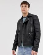 Barney's Originals Real Leather Quilted Zipped Biker Jacket - Black