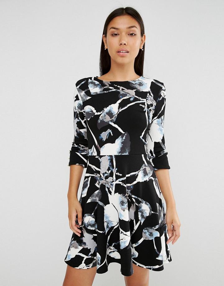 Club L Button Slevee Skater Dress In Mono Floral Print - Black Print