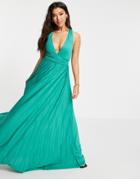 Asos Design Plunge Halter Cross Back Self Tie Pleated Maxi Dress In Aqua-blues