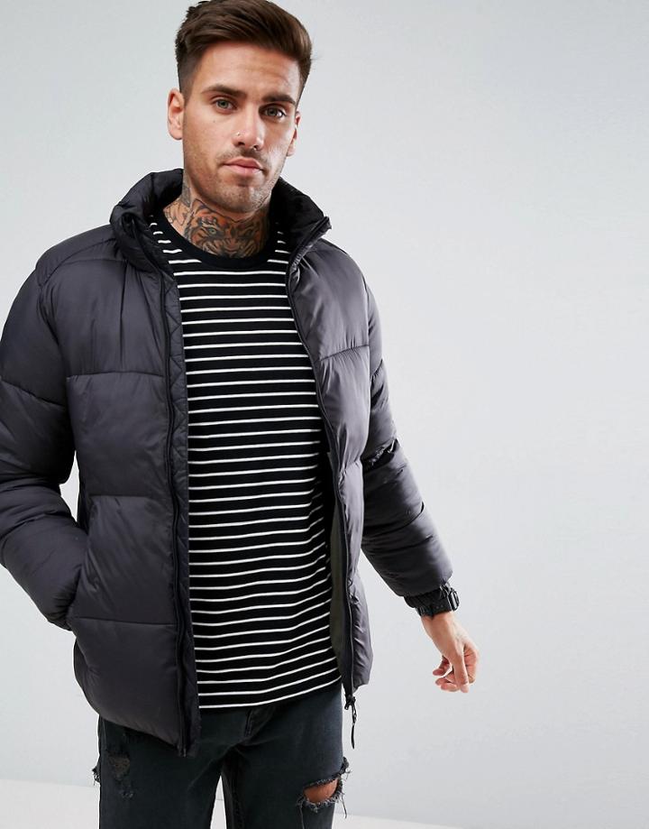 Pull & Bear Puffer Jacket In Black - Black