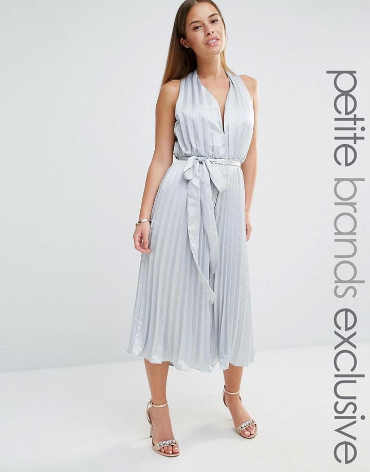 True Decadence Petite Plunge Front Pleated Culotte Jumpsuit With Belt - Silver